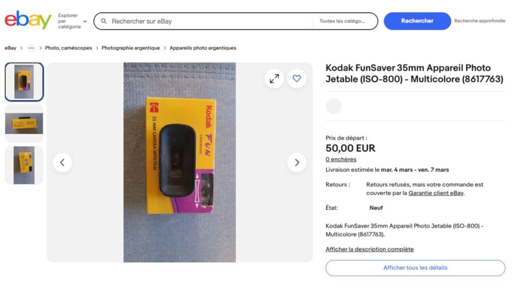 50 euros un appareil photo jetable périmé de février 2002, faut pa pousser...